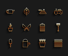 Canvas Print - Set line Garden trowel spade or shovel, Watering can, Plants pot, fence wooden, Gardening handmade scissors, rake and Trash icon. Vector