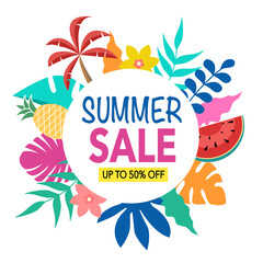 Summer sale banner concept vector illustration on white background. Summer holiday promotion tag on colorful leaves and tropical fruits in flat design.