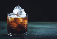 Trendy Alcoholic Cocktail Drink With Vodka, Coffee Liqueur, Cream And Ice, Gray Background, Bar Tools