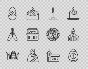 Sticker - Set line Easter egg, Burning candle in candlestick, Jesus Christ, Broken, Basket with easter eggs, Church building and icon. Vector