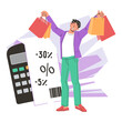 © Мария Гисина - Shopper saves on purchases. Buyer purchases goods on sale with profit, vector.