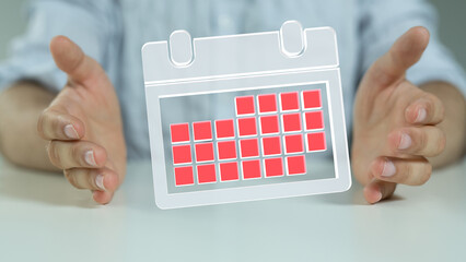 Poster - 3d illustration of hand holding a magnifying glass to calendar checklist.
