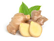 Close up, Fresh ginger root with sliced and green leaves isolated on white background, cut out