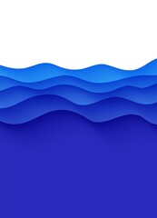 Wall Mural - Abstract background with water waves in paper cut style. 3d wallpaper with cut out deep wavy modern cover. Blue color layers with smooth shadow papercut art. Vector illustration, origami shapes