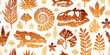 Fossil dino pattern. Seamless Dinosaur vector background. Paleontology print. Fossil pattern of skeleton, coastal sea animal, tyrannosaurus rex skull and footprint. Texture silhouette bone for textile