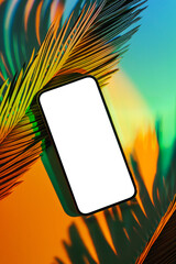 Wall Mural - mockup smartphone with tropical palm leaf on abstract background in neon gradient. mobile phone ith 