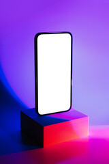 Wall Mural - mockup smartphone on podium on abstract background in neon gradient. mobile phone ith blank white sc