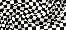 Checkered Flag Flying On Blue Background. Car Race Or Motorsport Rally Flag. 3D Wavy Pattern Background