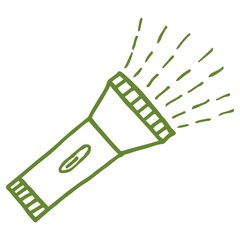 Wall Mural - Hand-drawn vector sketch of flashlight. Green monochrome outline doodle icon isolated on transparent background