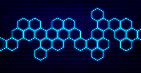 Wall Mural - Blue honeycomb neon design. Polygonal natural shape. Abstract signboard. Editable stroke. Vector stock illustration