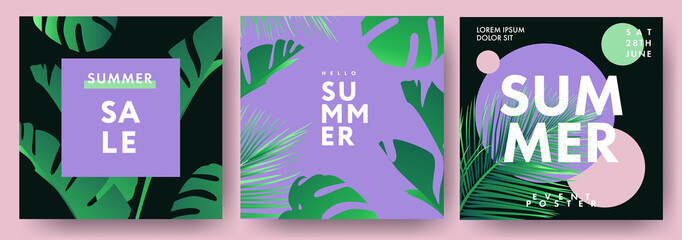 Wall Mural - Summer banners, posters, covers with abstract tropical leaves and modern typography. Design templates for branding, social media advertising, promo events and Sale.Tropical Summer set in minimal style