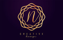 Golden N Luxury Logo. Vector Letter With Wavy Monogram Design.