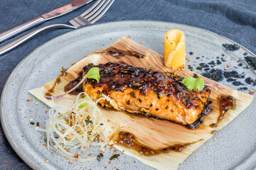 Sticker - salmon steak with teriyaki sauce on grey plate