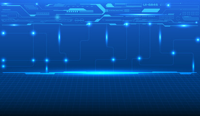 Leinwandbilder - Digital virtual reality HUD UI element design with blue glow light rays horizontal line on perspective grid 3d floor futuristic vector background concept.