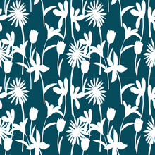 Set Of White Flowers And Leaves On Green Background Vector Illustration.