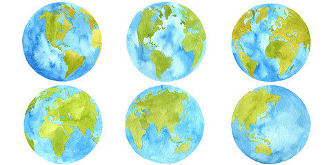 watercolour set planet earth isolated on white background. symbol of life, nature, foundation, ecolo