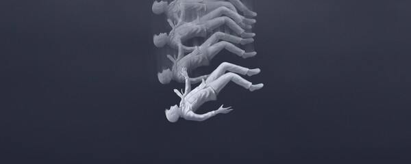 Concept of Depression, sadness and loneliness. Lonely man is falling. Surreal artwork 3d illustration. Conceptual art.