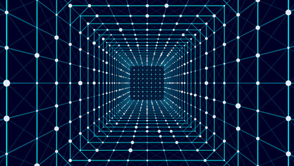 Poster - cyber square tunnel consisting of moving glowing points. futuristic infinite space background. conce