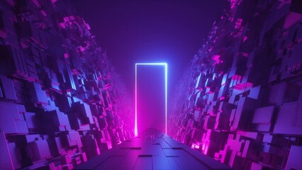 Poster - looped 3d animation. abstract futuristic neon background. moving forward the endless road under the 