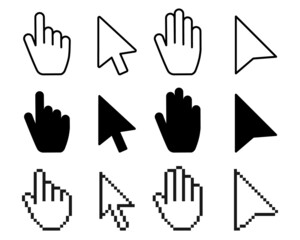 Poster - Pointer cursor icons. Computer web arrows mouse cursors and clicking line pointer cursor selecting. Pixel hand, pointer hand, arrow logo vector isolated icons set