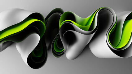 Wall Mural - 3d render, abstract white green background with folded ribbons macro, fashion wallpaper with wavy layers