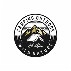 vintage camping and outdoor adventure emblems, logos and badges. camp tent in forest or mountains. c