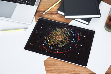 Aufkleber - Creative artificial Intelligence concept with human brain sketch on modern digital tablet display. Top view. 3D Rendering