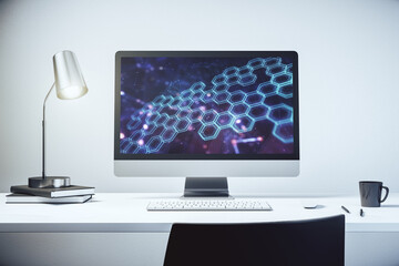 Poster - Modern computer monitor with technology hologram with hexagon. Research and development software concept. 3D Rendering