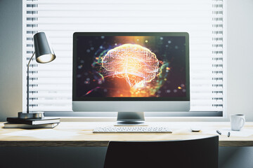 Poster - Creative artificial Intelligence concept with human brain hologram on modern laptop screen. 3D Rendering