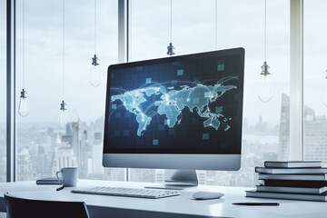 Aufkleber - Computer monitor with abstract graphic digital world map with connections, globalization concept. 3D Rendering