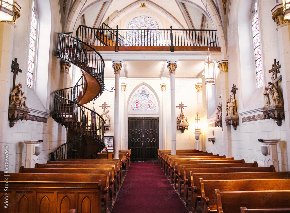 Interior of Loretto Chapel in Santa Fe, New Mexico, and the miraculous ...