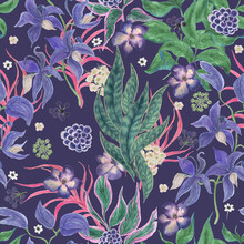 Watercolor Painting Seamless Pattern With Tropical Leaves And Exotic Flowers. Green Violet Colors