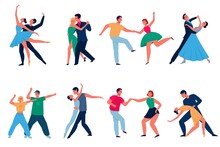 Dancing Couples. Cartoon Professional Dancers Characters, Men And Women In Performing Outfits. Modern Types Dance Latin And Tango, Waltz And Disco. People In Ballroom, Music Party Vector Set