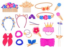 Hairstyles Accessories. Glamour Female Style Elements, Girly Barrettes, Headbands And Elastics, Hair Pins, Decorative Flowers, Silk Ribbons With Bows, Cartoon Pink Fashion Objects Vector Set