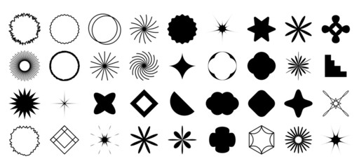 Set of Various Geometric shapes for web, advertisement, commercial banner, poster, leaflet, billboard, sale. Different Figures. Elements of decorations, sparkles, stars, frames, geometric flowers etc.