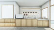 Cafe shop  Restaurant design japanese style,Counter light wood,Wall back white tiles wall,Wood frame mock up on white wall,Concrete floors -3D render