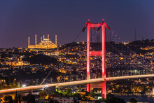 15 July Martyrs Bridge In The Night Lights, Uskudar Istanbul Turkey