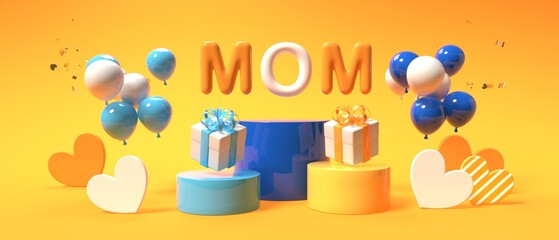 Wall Mural - Mothers day theme with gift boxes and balloons - 3D render