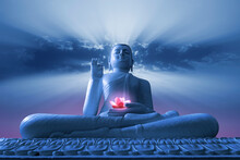 Buddha Statue With Cloud And Sun Rays Background