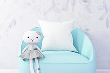 Pillow Mockup White On Blue Chair And Plush Cat