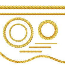 Gold Rope Of Realistic Nautical Twisted Rope Knots, Loops For Decoration And Covering Isolated On Transparent Background. Retro Vintage Art Design