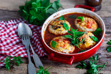 Canvas Print - Minced meat nests with vegetables.rustic style.selective focus