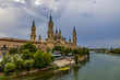  urban landscape with pillar cathedral in Zaragoza, spain and the Ebro river