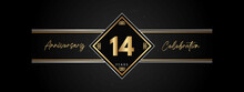 14 Years Anniversary Golden Color With Decorative Frame Isolated On Black Background For Anniversary Celebration Event, Birthday Party, Brochure, Greeting Card. 14 Year Anniversary Template Design