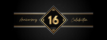 16 Years Anniversary Golden Color With Decorative Frame Isolated On Black Background For Anniversary Celebration Event, Birthday Party, Brochure, Greeting Card. 16 Year Anniversary Template Design