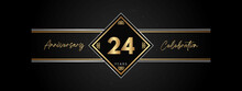 24 Years Anniversary Golden Color With Decorative Frame Isolated On Black Background For Anniversary Celebration Event, Birthday Party, Brochure, Greeting Card. 24 Year Anniversary Template Design