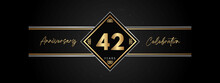 42 Years Anniversary Golden Color With Decorative Frame Isolated On Black Background For Anniversary Celebration Event, Birthday Party, Brochure, Greeting Card. 42 Year Anniversary Template Design