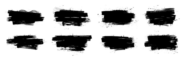 Fototapete - Ink brushstroke silhouettes and paintbrush template with splashes grunge. Stencil set brush stroke with dirty artistic design elements. Grunge splatter stencil, dirt stain, brush ink box. Vector set