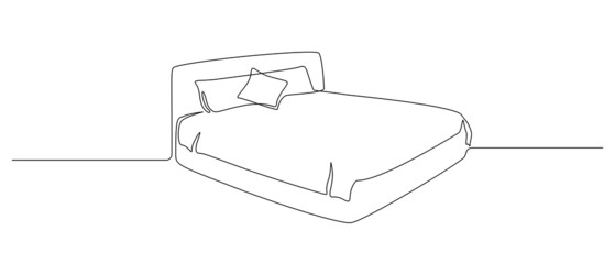 Aufkleber - Continuous one line drawing of double bed with pillows. Modern stylish furniture for sleep bedroom in simple linear style. Editable stroke. Doodle vector illustration