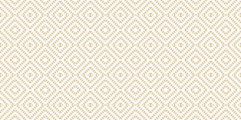 Wall Mural - Golden vector geometric seamless pattern. Abstract gold and white graphic background with squares, rhombuses, grid. Simple wicker texture. Ethnic tribal style ornament. Repeat retro vintage geo design